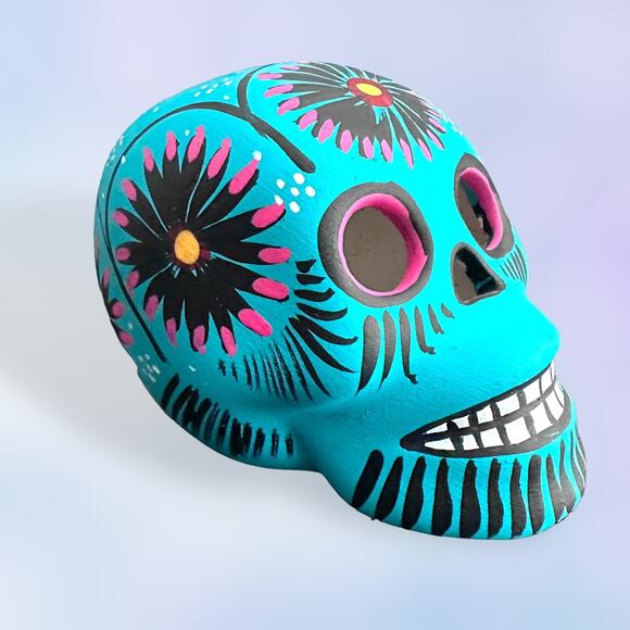 *Beautiful* Day of The Dead Blue Pink Hand Painted Sugar Skull Mexico Floral 3” - Picture 14 of 16